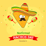 Cartoon nachos in a Mexican hat and maracas in his hands. Concept for a banner for the national holiday, Nachos Day. Vector, illustration