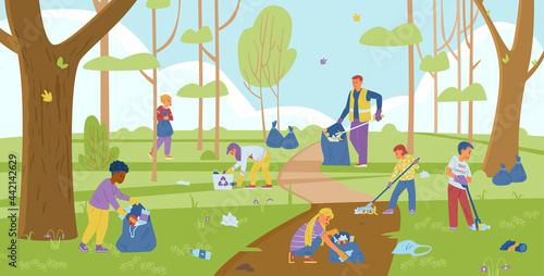 Group Of Children Volunteers With An Adult Collecting Trash In Forest. Vector Illustration.