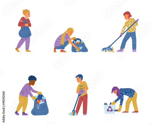 Vector Set Of Children Volunteers Cleaning A Street. Collecting Trash, Sorting Waste. Isolated On White.