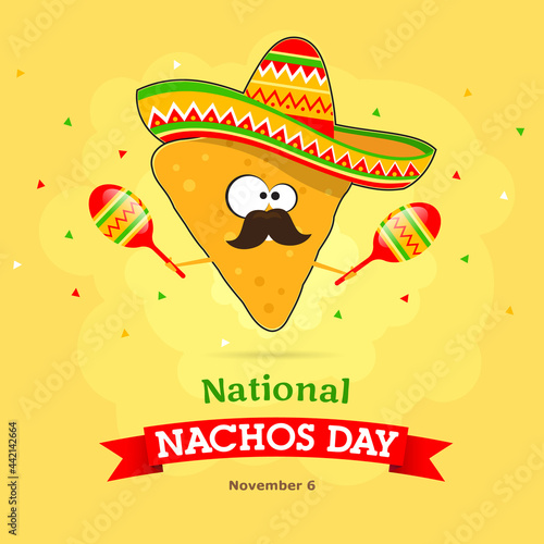 Cartoon nachos in a Mexican hat and maracas in his hands. Concept for a banner for the national holiday, Nachos Day. Vector, illustration