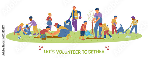 Children And Adults Volunteers Planting Trees And Collecting Trash. Vector Motivational Banner.