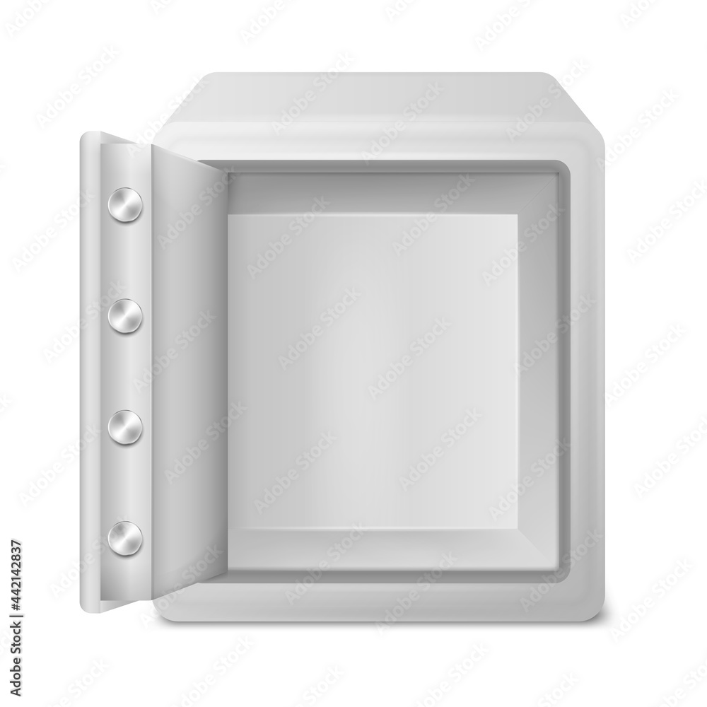 Realistic shiny open empty safe. Metal Safe Bank Box isolated on white background. Vector illustration. Realistic shiny open empty safe. Metal Safe Bank Box isolated on white background. Vector illustration.