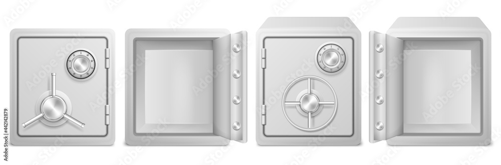 Realistic metal safe with opened and closed door isolated on white background. Vector illustration. Realistic metal safe with opened and closed door isolated on white background. Vector illustration.