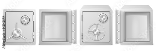 Realistic metal safe with opened and closed door isolated on white background. Vector illustration.