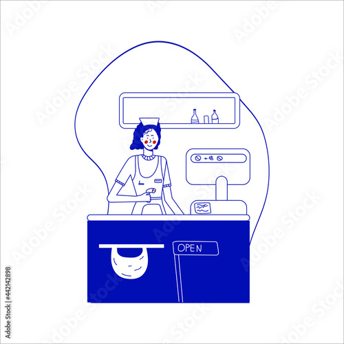 Woman cashier in a supermarket. Seller at the counter, supermarket checkout. blue line style. Modern outline cartoon vector style illustration, premium quality