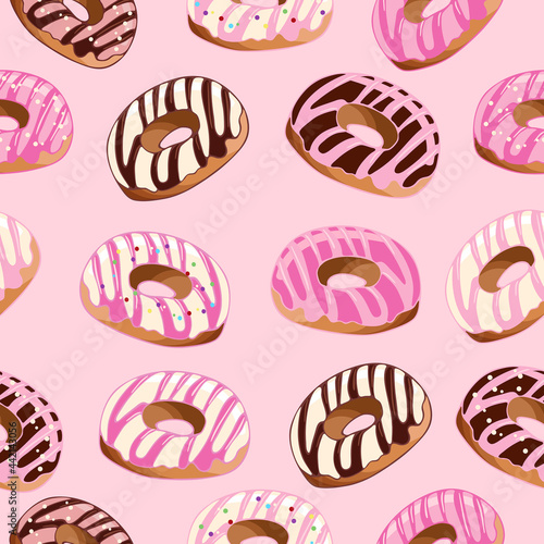 Donuts seamless pattern in pink and chocolate glaze. Dessert food illustration. National Donut Day. Sweetest Day. No Diet Day. For packaging, menu, cookbook, postcard, banner.