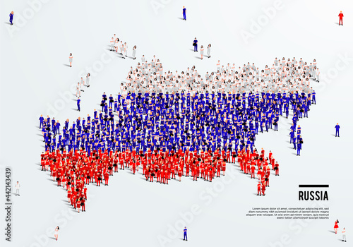 Russia Map and Flag. A large group of people in the Russian flag color form to create the map. Vector Illustration.