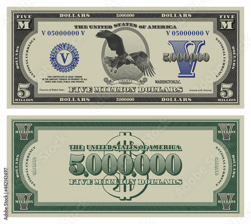 Obverse and reverse fictional US paper money with a flying eagle. Five million dollars banknote. Frame with guilloche mesh and blue bank seal