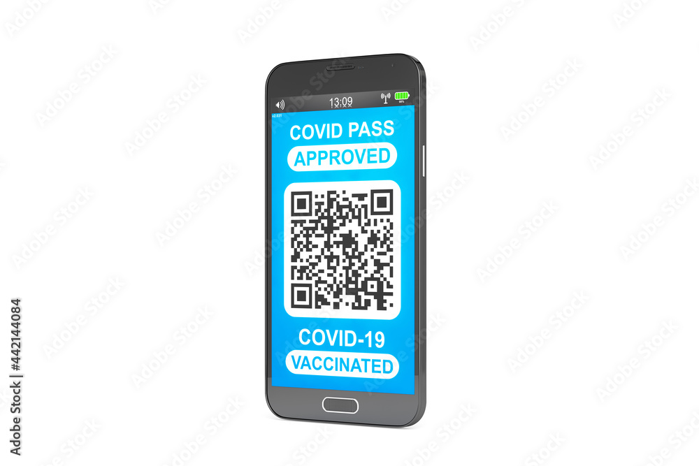 3d rendering of a fictitious smartphone, with a qr pass code of the covid-19 vaccine 3d rendering of a fictitious smartphone, with a qr pass code of the covid-19 vaccine