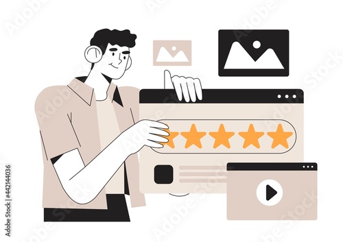 Man hold stars, giving five star Feedback in mobile application or website. Client choose satisfaction rating and leaving positive review. Feedback consumer, customer review evaluation concept. photo
