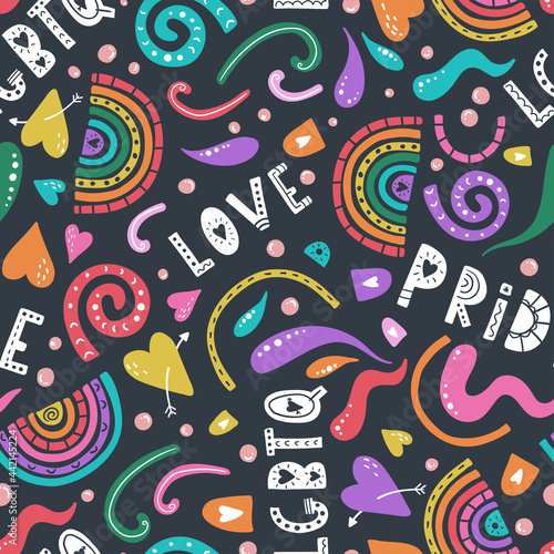 Fun hand drawn lgbtq seamless pattern, colorful background with letters, hearts, rainbows, great for textiles, banners, wallpapers, wrapping - vector design
