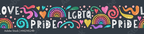Fun hand drawn lgbtq seamless pattern, colorful background with letters, hearts, rainbows, great for textiles, banners, wallpapers, wrapping - vector design