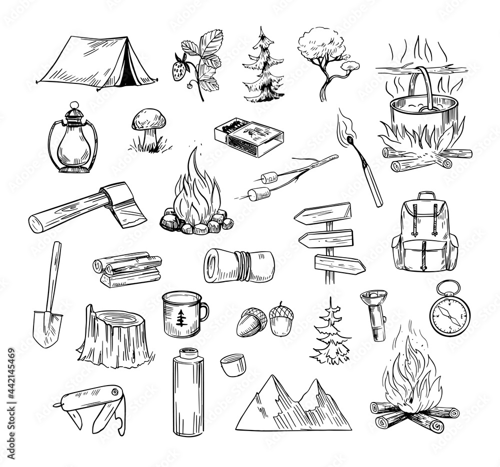 Hand drawn camping and hiking elements, isolated on white background. Set of icons for summer camp flyers and posters. Outlined vector illustration. - obrazy, fototapety, plakaty 