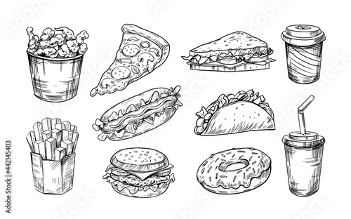 Vector set of fast food. illustration in sketch style. Hand drawn design elements.