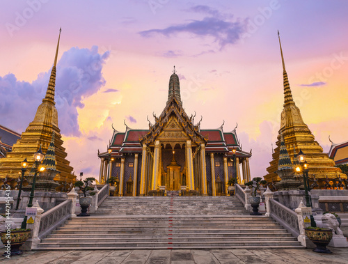 Wat Phra Kaew in twilight, Temple of the Emerald Buddha Wat Phra Kaew is one of Bangkok's most famous tourist sites and it was built in 1782. photo