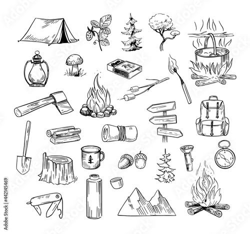 Slika na platnu Hand drawn camping and hiking elements, isolated on white background