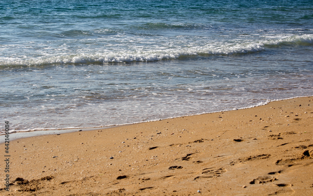 Beautiful seascape. Golden sand beach. Summer Idyllic scenery. Calm blue water. Vacation time. Beautiful seascape. Golden sand beach. Summer Idyllic scenery. Calm blue water. Vacation time.