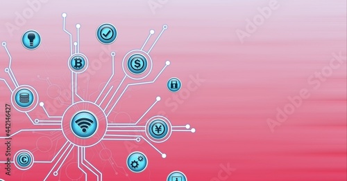 Composition of network of icons with copy space on pink background