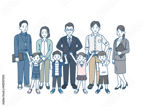 学校の先生と生徒　小学生　教師　子供達　全身　イラスト素材