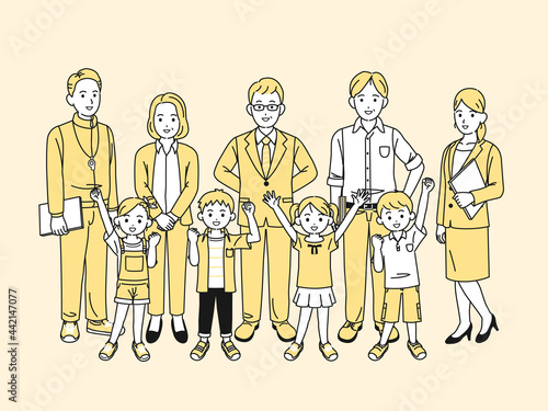 学校の先生と生徒　小学生　教師　子供達　全身　イラスト素材