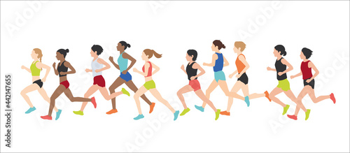 Women dressed in sports clothes running marathon race. Participants of athletics event trying to outrun each other. Flat cartoon characters isolated on white background. Vector illustration.