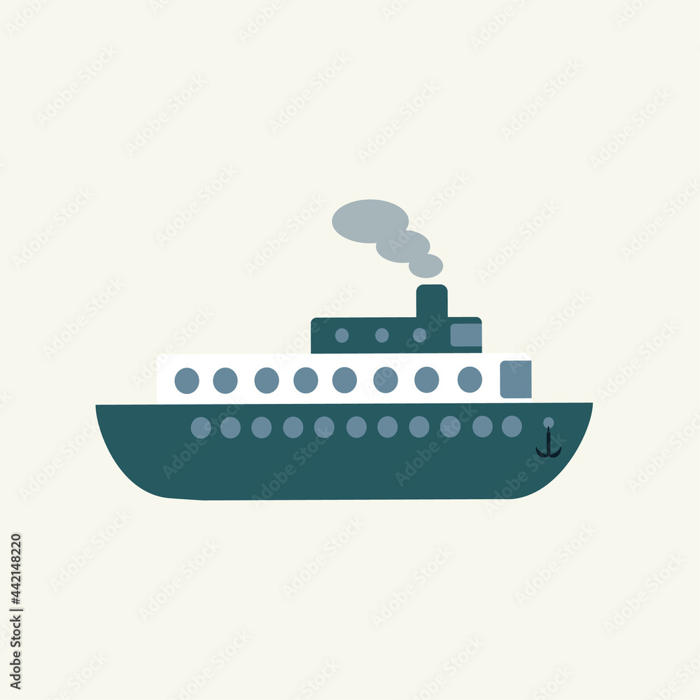 Simple navy toy ship, side view. cute kid transport. Vector drawn flat illustration, clipart, sticker.