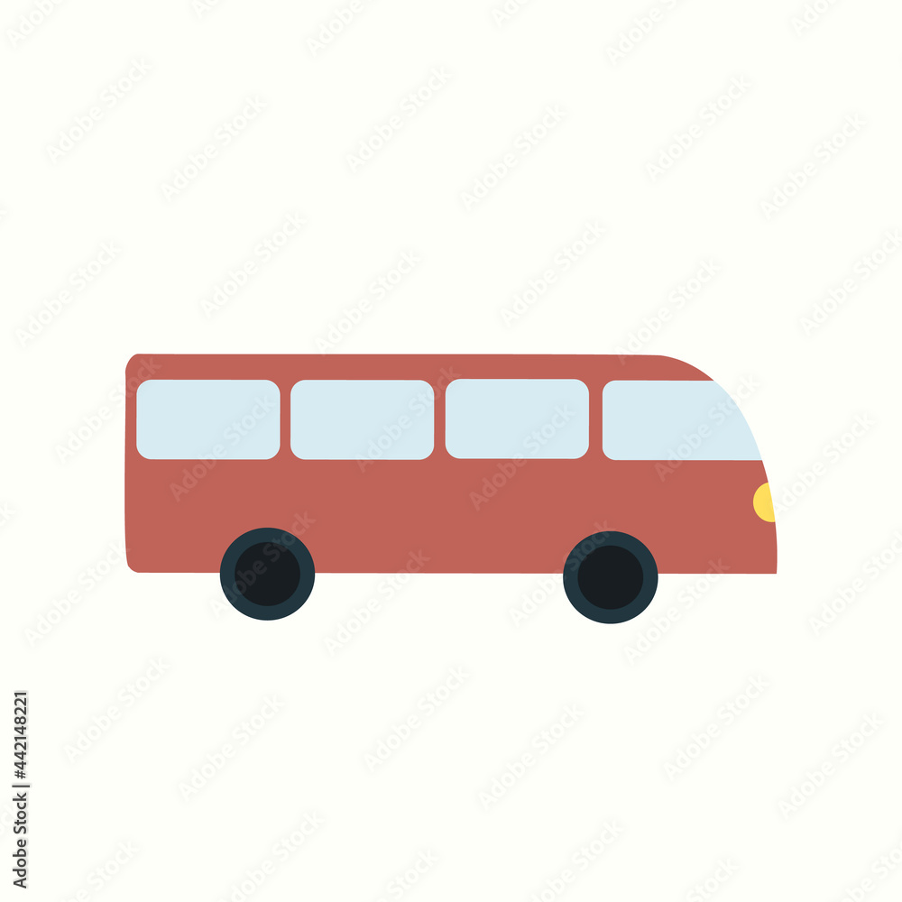 Simple red toy bus, side view. cute kid transport. Vector drawn flat illustration, clipart, sticker.
