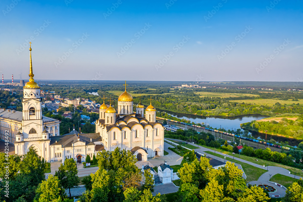 Aerial drone view of Assumption Cathedral in the city center of Vladimir with Klyazma river