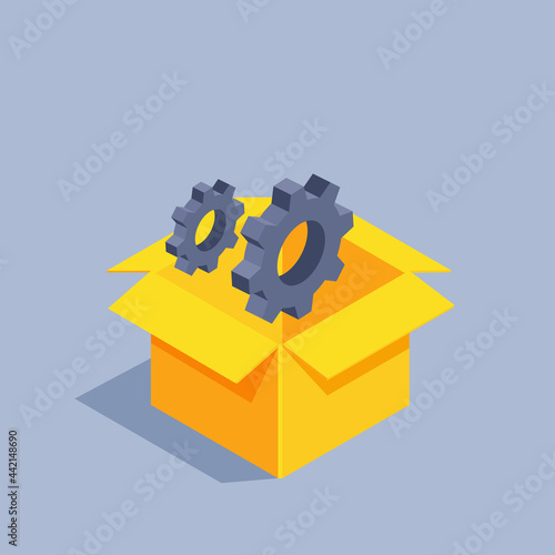 isometric vector illustration on gray background, yellow color box icon and black gears inside, tools and settings