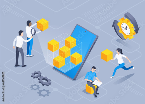 isometric vector illustration on gray background, smartphone with abstract cubes and people developing app elements, working with virtual environment