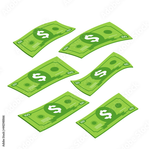 isometric vector illustration isolated on white background, deformed dollar bill, money falling