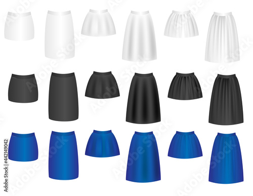 Set of female skirts isolated on white background.Flat design.Mockup template.Short and long skirts.Sign, symbol, icon or logo isolated.Realistic vector illustration.Black, gray, blue and white.