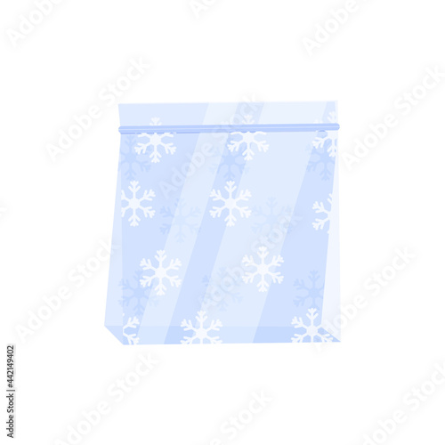 Plastic transparent bag for freezing food. Plastic zip bag with fastener and snowflake pattern. Vector illustration, flat cartoon design isolated on white background, eps 10.