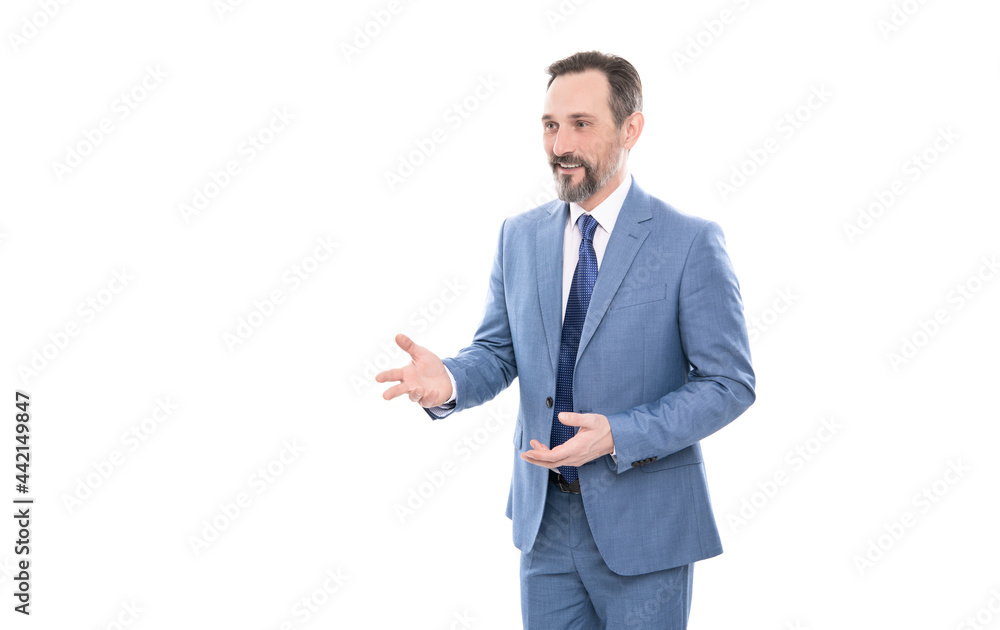 cheerful mature man with grizzled hair in suit talking isolated on white copy space, communication cheerful mature man with grizzled hair in suit talking isolated on white copy space, communication