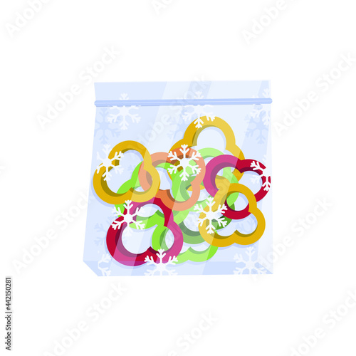 Bell pepper rings in a freezer bag. Multi-colored pieces of red, green, yellow pepper inside a plastic bag with a clasp. Concept: freezing food, preparing, storing fresh vegetables, vitamins all year 