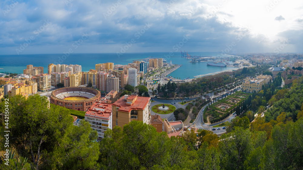 Aerial and panoramic view in the city of Málaga in Spain