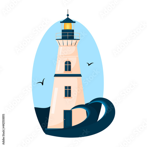 Beacon. Lighthouse tower against the sky. Gulls and ocean waves. Vector illustration.