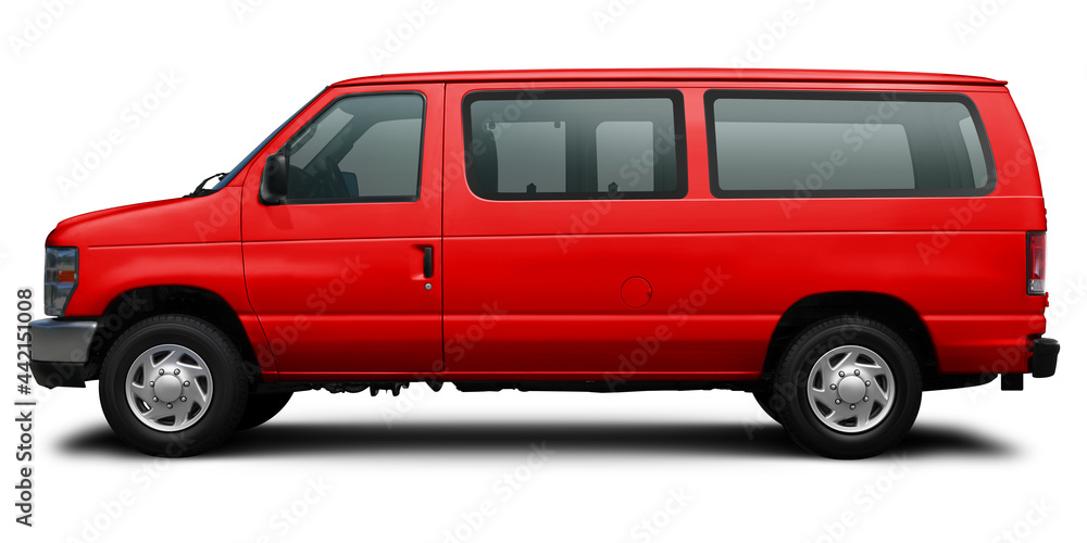Side view of a modern passenger American minibus in red. Isolated on a white background.
