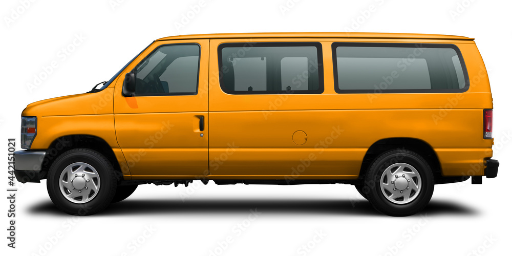 Side view of a modern passenger American minibus in yellow. Isolated on a white background.
