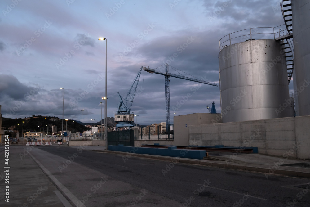 View oil distribution terminals Tanks in Malaga Port View oil distribution terminals Tanks in Malaga Port