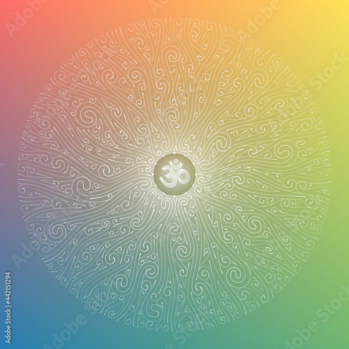 Vector sacred mandala with spiritual symbol Om. Complex graphic art with pattern of spirals. Power and energy of yoga and meditation. Shiny blue ornament on rainbow backdrop.