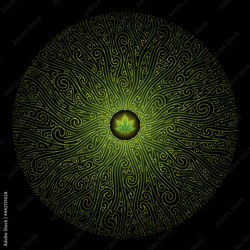 Vector sacred mandala with marijuana leaf. Complex graphic art with pattern of spirals. Symbol of energy and power cannabis plant. Shine ornament on black backdrop.