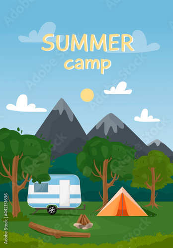 Vertical web banner for summer camp, nature tourism, camping, hiking, trekking, etc. landscape illustration with mountains, trees, tent and bonfire in flat style.