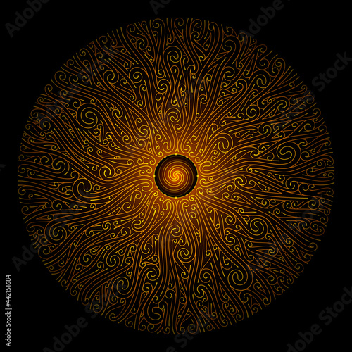 Vector sacred mandala with spiritual symbol of sun and time. Complex graphic art with pattern of spirals. Solar power and energy. Shiny ornament on black backdrop.