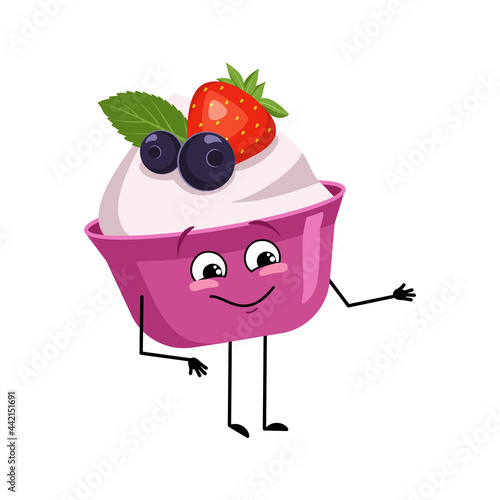 Cute cake or yogurt character with joyful emotions, smile face, happy eyes, arms and legs. The funny or lucky sweet food, dessert. Vector flat illustration