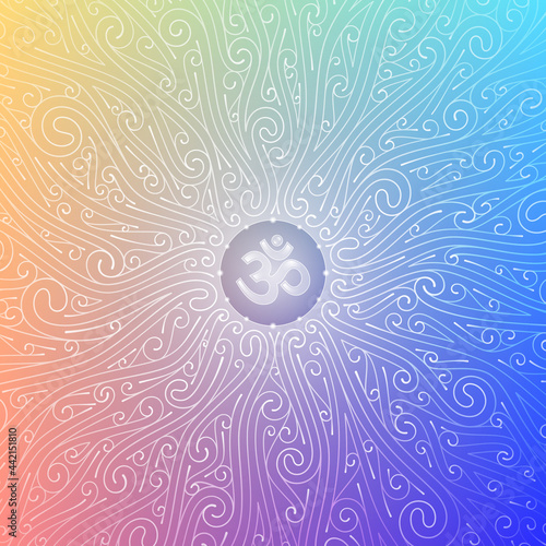 Vector sacred mandala with spiritual symbol Om. Complex graphic art with pattern of spirals. Power and energy of yoga and meditation. Shiny blue ornament on rainbow backdrop.