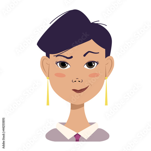 Avatar woman with a smirk on her lips, black short fashionable hair, suspicious emotions. Human face of office worker, modern displeased girl in shirt and tie