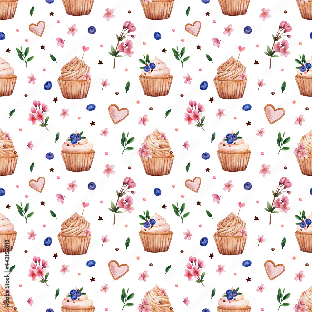 Pattern with cupcakes in watercolor Pattern with cupcakes in watercolor