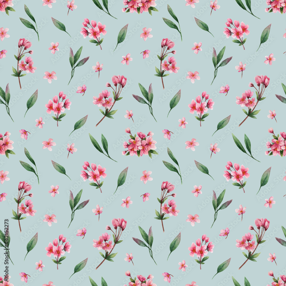 Watercolor pattern with flowering branches