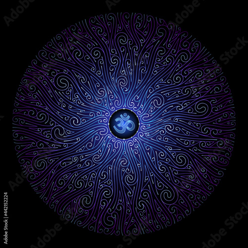 Vector sacred mandala with spiritual symbol Om. Complex graphic art with pattern of spirals. Power and energy of yoga and meditation. Shiny blue ornament on black backdrop.